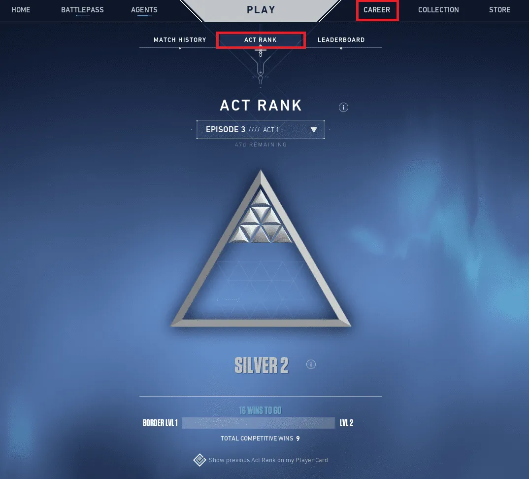 Screenshot of the Act Rank tab in the VALORANT menu