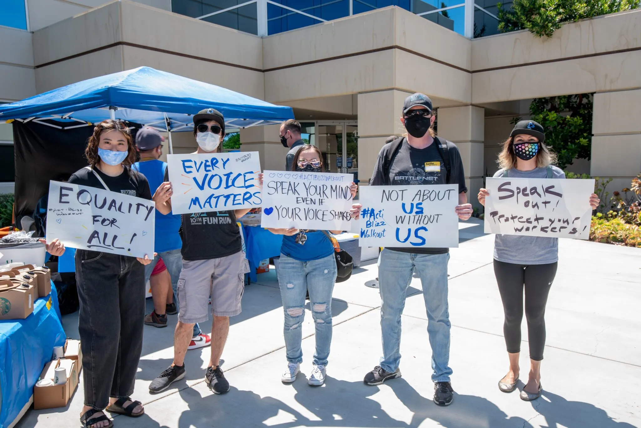 Protestors gather in front of Activision Blizzard offices for a walkout in protest of the company's scandals.