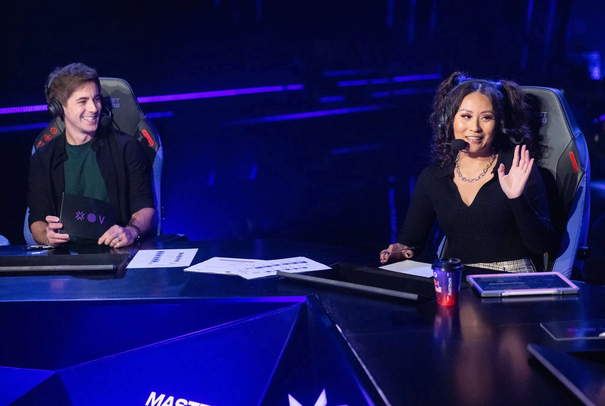 Esports commentators Sean Gares (L) and Yinsu Collins at the VALORANT Champions Tour 2021: Stage 3 Masters Semifinals on September 18, 2021 in Berlin, Germany.