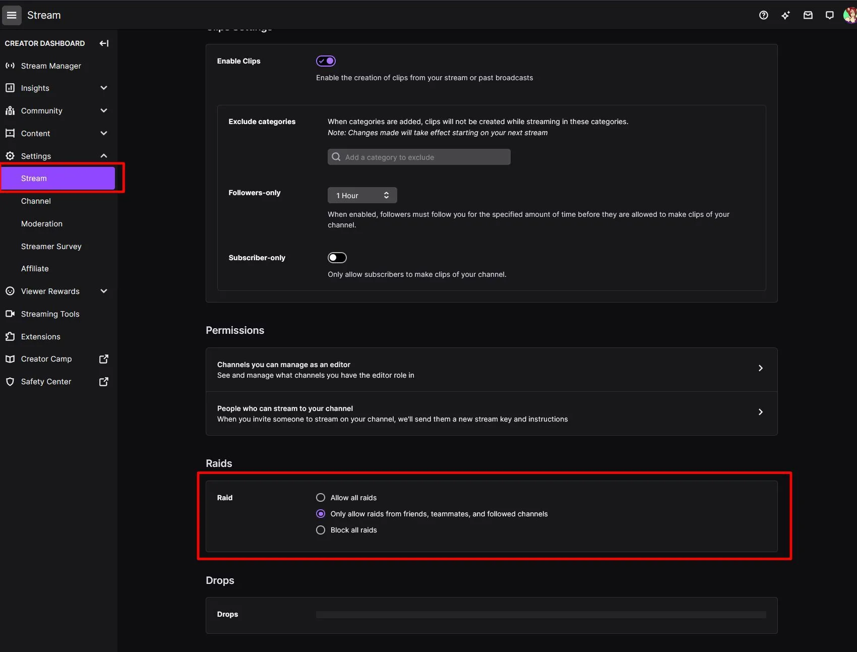 A screenshot of Twitch's raid settings within the creator dashboard