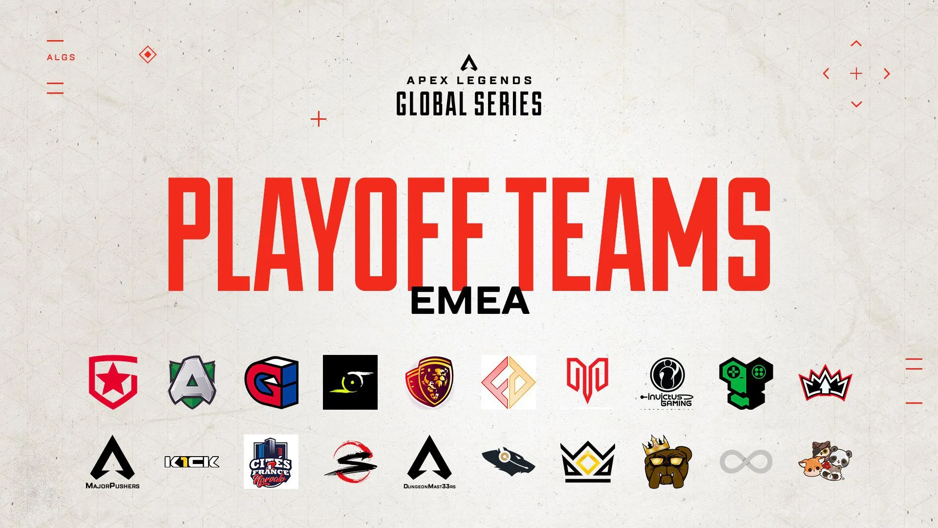 Graphic of all the EMEA ALGS teams that made it tot the Split 1 Playoffs